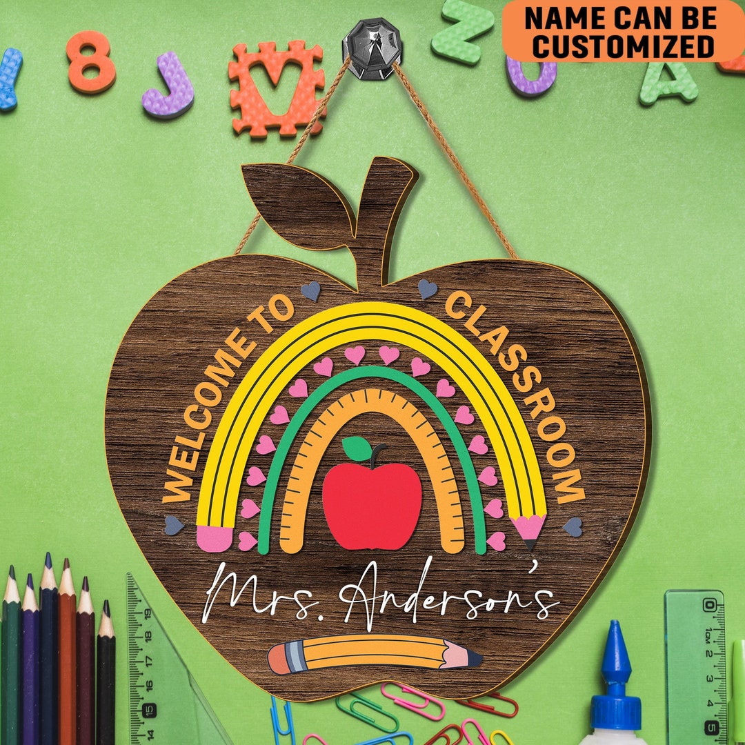 Personalized Classroom Wood Sign Rainbow Apple Shape Custom Teacher ...