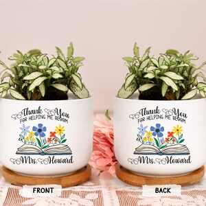 Personalized Teacher Gift Book Thank You Ceramic Plant Pot Mini Planter Flower Pot End Of Year Appreciation Gift for Teacher 2-Side Print image 1