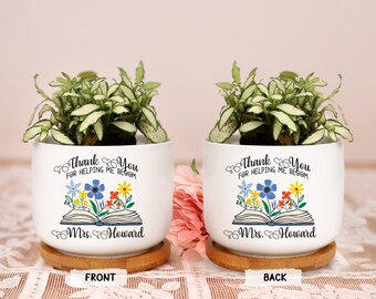 Personalized Teacher Gift Book Thank You Ceramic Plant Pot Mini Planter Flower Pot End Of Year Appreciation Gift for Teacher 2-Side Print