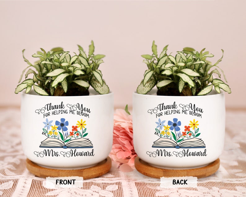 Personalized Teacher Gift Book Thank You Ceramic Plant Pot Mini Planter Flower Pot End Of Year Appreciation Gift for Teacher 2-Side Print image 1