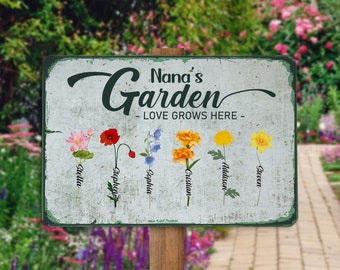 Letrero metálico personalizado con el nombre del niño/a: "El jardín de la abuela", placa metálica para el jardín de la abuela, regalo para la abuela jardinera, decoración para jardín de flores, decoración para el patio trasero