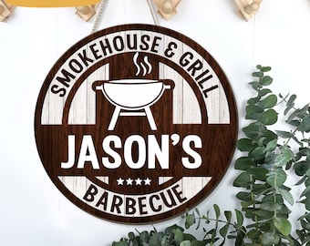 Personalized Smokehouse & Grill Barbecue Wooden Sign Smokehouse Sign Barbecue Sign Grill Sign Wall Decor Patio Backyard Decor Gift for Dad
