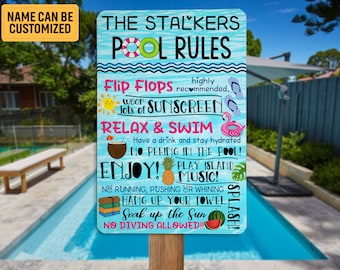 Letrero divertido con las reglas de la piscina, Letrero personalizado para piscina, Letrero para la zona de la piscina, Regalo personalizado de arte veraniego, Decoración para piscina, Decoración colgante para la zona de la piscina