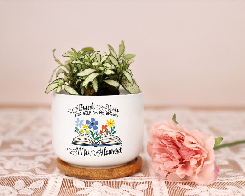 Personalized Teacher Gift Book Thank You Ceramic Plant Pot Mini Planter Flower Pot End Of Year Appreciation Gift for Teacher 2-Side Print image 5