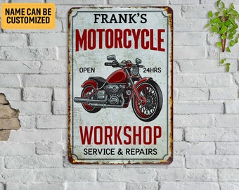 Personalized Motorcycle Workshop Metal Sign Custom Motorcycle Garage Sign Classic Motorbike Biker Gift Man Cave Garage Decor Workshop Decor
