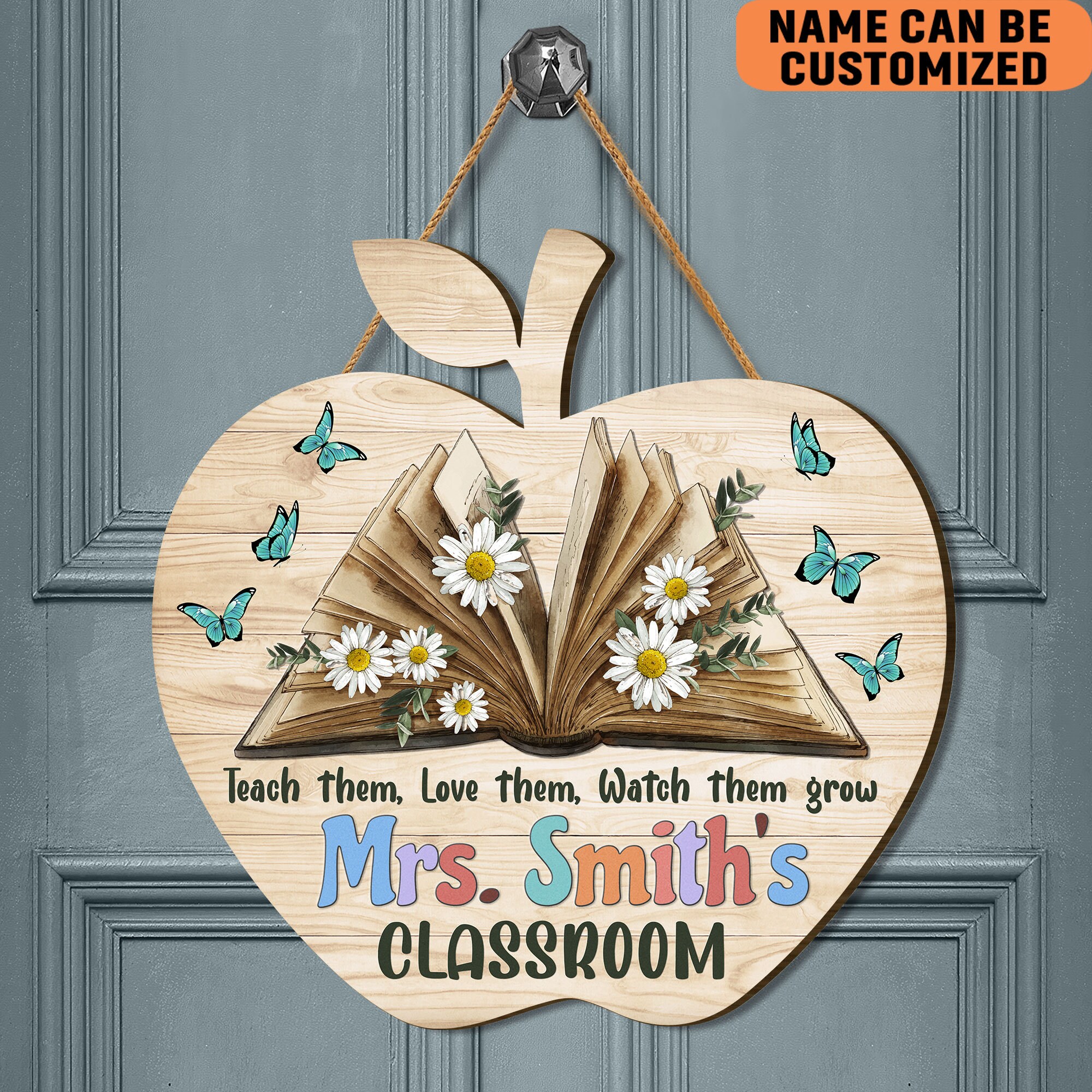 Personalized Classroom Wood Sign Floral Apple Shape Custom Teacher Name ...