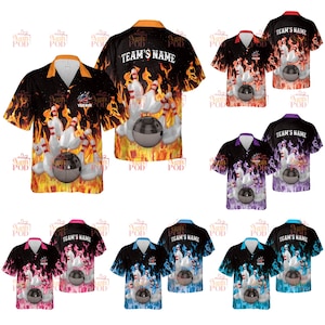 May include: Short-sleeved bowling shirts with a bowling ball and pins design, set against a fiery background. The shirts come in various colors, including orange, red, purple, pink, blue, and black. The text "TEAM'S NAME" is visible on the back.