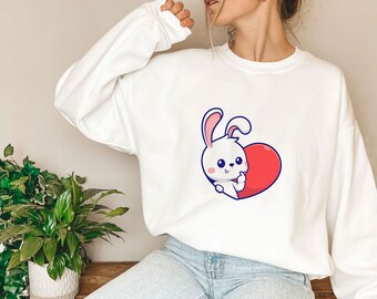 Cute Bunny And Heart Shirt, Bunny Sweatshirt, Valentine's Day Shirt, Easter Shirt, Easter Gift, Valentine's Day Gift, Rabbit Lover Gift