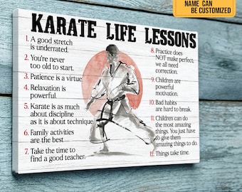 May include: Karate Life Lessons wall art on a white wooden background. The artwork features a karate practitioner in action, a red circle, and inspirational text. The text includes life lessons and the option to customize the name.