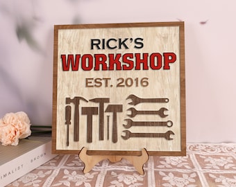Taller personalizado Signo de madera Placa de 2 capas Taller Signo Grarage Signo Padres Día Regalo Cumpleaños Papá Regalo Taller Decoración Hombre Cueva Decoración