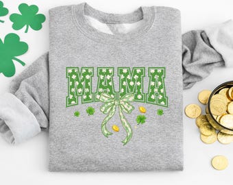 Sudadera con lazo y trébol para mamá, sudadera para el Día de San Patricio, camiseta para mamá del Día de Irlanda, camiseta Coquette Lucky Mama, regalo para el Día de San Patricio para mamá