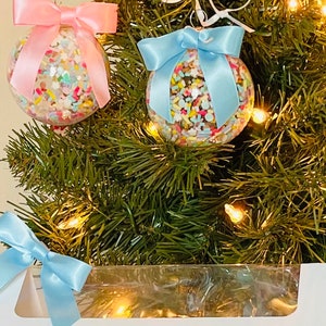 Set of 3 Pink and Blue Confetti and Sprinkle Christmas Ornaments with Satin Bows