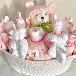 Ultimate Baby Basket - Diaper Babies/ Cupcake Onesies/ Teddy Bear Washcloth /Jacket/ Pants/ Bear Baby Shower Gift/ Gender Reveal Gift