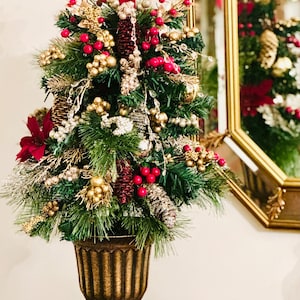 Pre- lit Burgundy Metallic Mini Christmas Tree/ Table Top Tree/ Topiary  : Burgundy, Platinum, and Gold /Champagne Tree with Faux Crystals