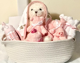 Pink & White Baby Bath Gift Set: Teddy Bear, Hooded Towel, Washcloths Socks “Cupcake” Diaper Baby and Basket Baby Shower Gender Reveal