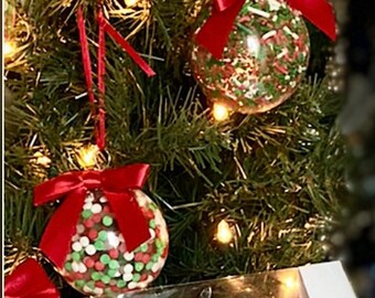 Set of 3 Christmas Confetti and Sprinkle Ornaments with Satin Bows