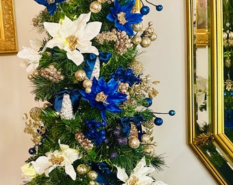 Stunning Pre Lit Blue and White Poinsettia Decorated Christmas Topiary (Decorated 3 ft Tree)