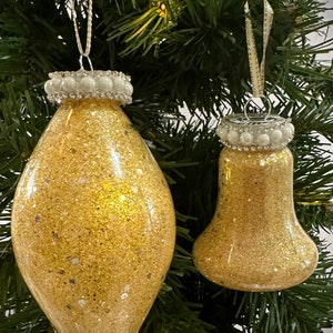 Gold Metallic Ornament Collection- Set of 2  Gold Glam Ornaments embellished with Pearls, Diamonds, and a Beautiful Matching Satin Bow!