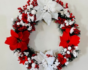 Pre-Lit Red and White Poinsettia and Berry Christmas Wreath