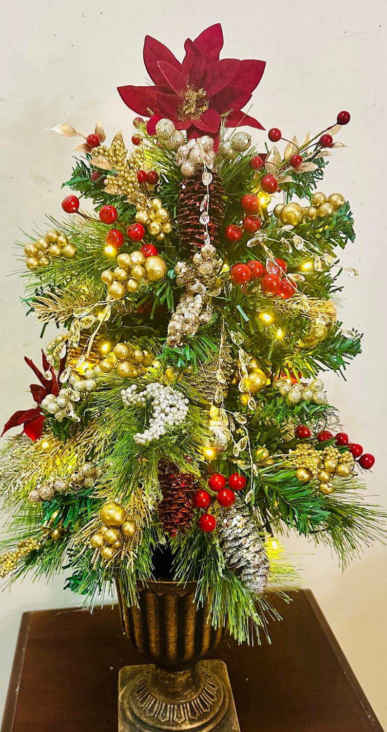 Pre Lit Burgundy Metallic Mini Christmas Tree/ Table Top Tree/ Topiary