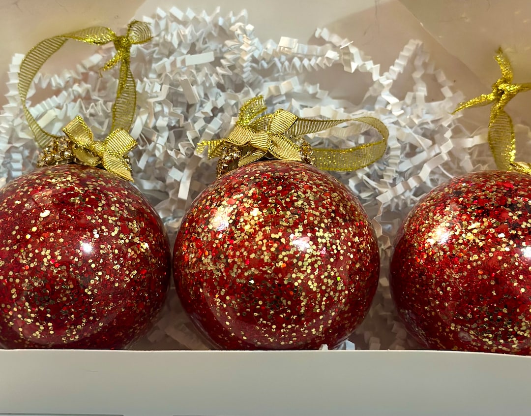 Boxed Set of 3 Red and Gold Ornaments With a Beautiful Gold Rhinestone ...