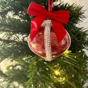 Stunning Red Glam Ornament embellished with Beautful Pearls, Diamonds, and a Beautiful Satin Bow!