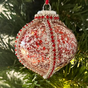 Stunning Red and White Candy Cane Glam Ornament embellished with Beautful Diamonds and Red Crystals