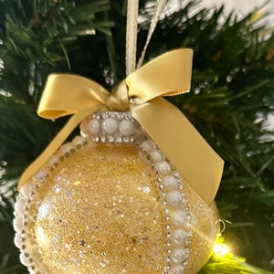 Gold Metallic Ornament Collection- Stunning Gold Glam Ornament embellished with Pearls, Diamonds, and a Beautiful Matching Satin Bow!