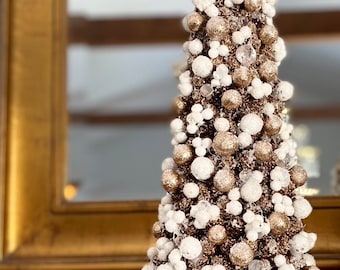 Beautiful Snow- Capped Champagne Pinecone, Berry, and Crystal Cone Tree. Available in 2 sizes. Pre-order for the Holidays.