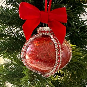 Stunning Red Glam Ornament embellished with Beautful Diamonds, Red Crystals, and a Beautiful Satin Bow!