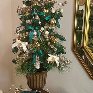Pre- lit Emerald Green Mini Christmas Tree/ Table Top Tree/ Topiary: Emerald Green, Platinum, Gold/ Champagne/Crystals and Pearls