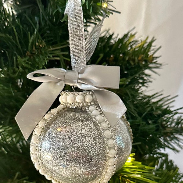 Silver Metallic Ornament Collection- Stunning Silver Glam Ornament embellished with Pearls, Diamonds, and a Beautiful Matching Satin Bow!