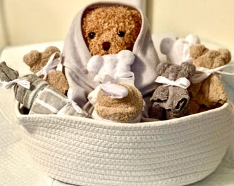 Boy or Girl Baby Bath Gift Gray White Tan Teddy Bear Hooded Towel Washcloths Socks “Cupcake” Diaper Baby & Basket Baby Shower Gender Reveal