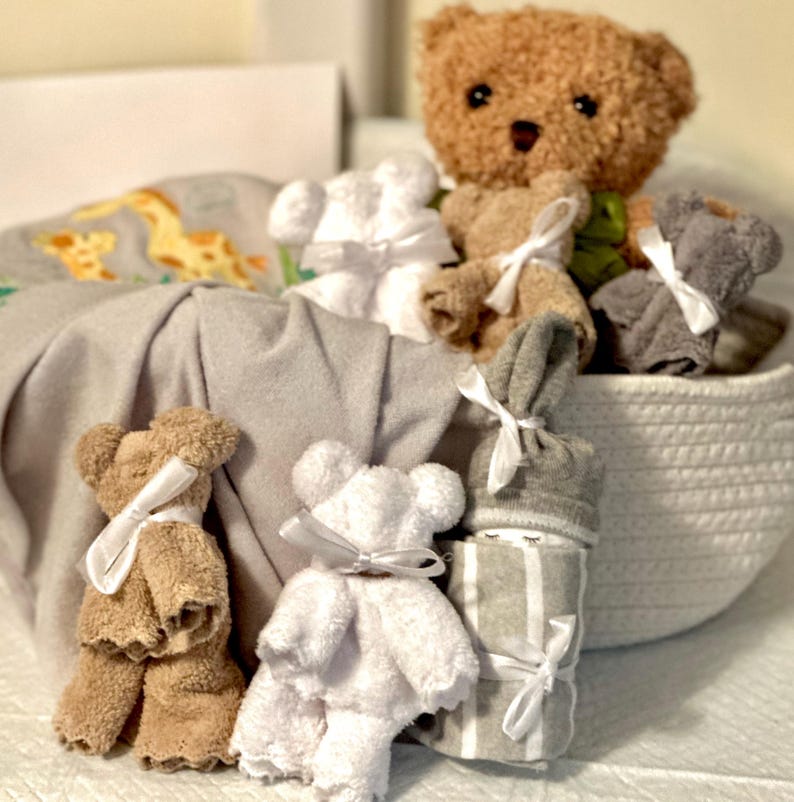 Boy or Girl Baby Bath Gift Gray White Tan Teddy Bear Hooded Towel ...