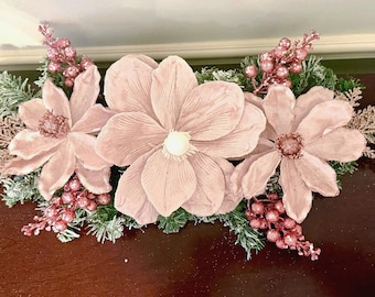 ALL PINK : Beautiful Pink/Rose Gold Centerpiece with Beautiful Pink Florals, Pink/ Rose Gold Berries and Pink/ Rose Gold Pine Needle Stems