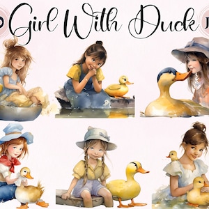 Linda garota com pato, 20 JPGs de alta qualidade, pato clipart, pato aquarela, pato planejador digital, pato fofo, criação de cartão, animal de pato