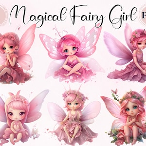Magische fee meisje, roze clipart, 7 hoge kwaliteit PNG, Fairy salie, commercieel gebruik, digitale download, digitale kunst, aquarel baby, Fairy meisje