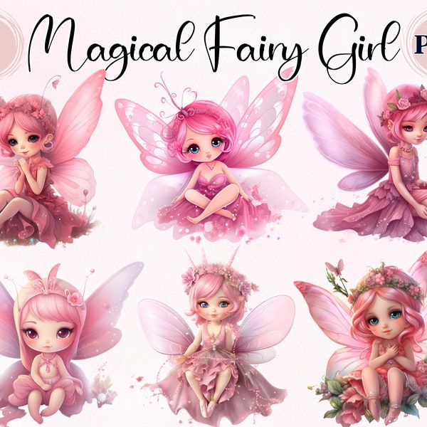 Magical Fairy Girl, Pink Clipart, 7 High Quality PNG, Fairy Sage, Commercial Use, Digital Download, Digital Art, Watercolor Baby, Fairy girl