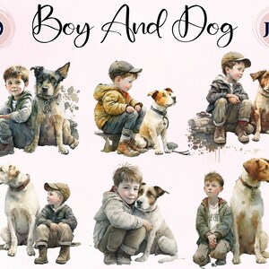 Niño y perro de acuarela, 10 JPG de alta calidad, niño de imágenes prediseñadas con su perro, amigo real de imágenes prediseñadas, uso comercial, planificador digital, perro de acuarela