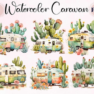 Aquarelle caravane, 9 haute Clipart PNG, fleurs et Cactus, planificateur numérique, Clipart enfants, Collage Images, Clipart caravane PNG, convoi PNG