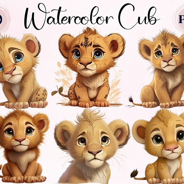 Watercolor Cub, 10 High Quality PNGs, Clipart Baby Lion, Collage Images, Digital Planner, watercolor Lion, clipart anime, commercial use