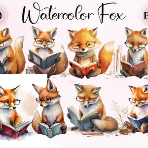 Fox Reading Book, 10 High Images, dieren Clipart, Collage Images, WallArt, Card Making, WaterColor Fox, Red Fox, Clipart Fox, mooie Fox