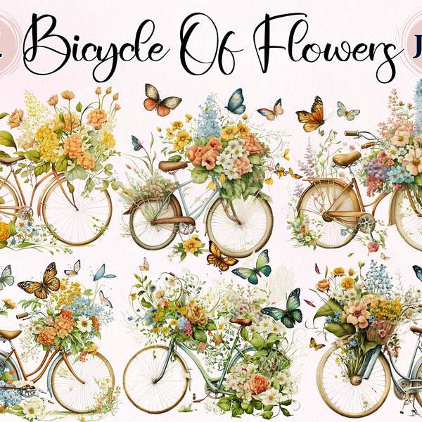 Bicycle Of Flowers, Cute Design Digital 11 High Quality JPGs, Digital Download, Watercolor Art, Collage Images, Clipart flowers, so Cute