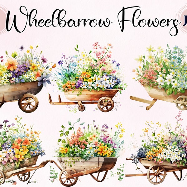 Beautiful Wheelbarrow Of Flowers, 8 High Quality JPGs, Digital Planner, Watercolor flowers, Colorful Art, Wooden Wheelbarrow, watercolor art