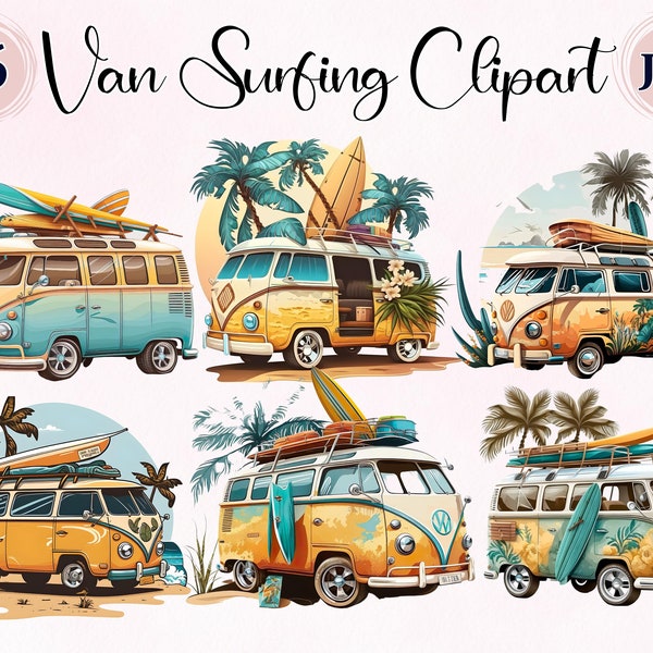 Van Surfing, 16 High Quality JPGs, Clipart Summer, Clipart Surfing, Summer Surfing, Clipart Caravan Surf, Sea Surfing, Watercolor Surfing