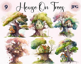 Beautiful Houses In Trees, 9 High Quality JPGs, Clip Art House, Digital Download, Digital Planner