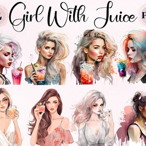Linda garota com suco, 12 PNGs altos, Clipart Linda garota, suco de aquarela, lindas garotas, planejador digital, PNG Planner Girls, garotas bonitas