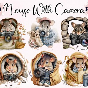 Ratón lindo, con cámara, 10 PNG de alta calidad, Clip Art Mouse, Tasa, Planificador digital, Descarga digital, Ratón de acuarela, Rata de imágenes prediseñadas, Jerry