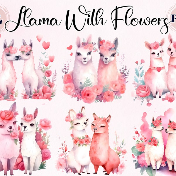 Watercolor Llama, 12 High Quality PNGs, Clipart Llama PNG, Watercolor Llama, Wild Animals, Cartoon Llama, Commercial Use, Llama With Flowers