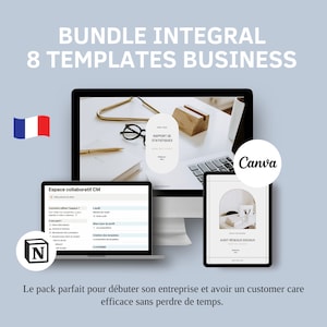 Peut inclure: Un bundle de marketing numérique avec huit modèles pour les entreprises. Les modèles sont conçus pour être utilisés avec Canva et Notion. Le bundle comprend des modèles pour un espace de service client, un rapport de statistiques et un audit des médias sociaux. Le texte sur l'image est "Bundle Integral 8 Templates Business".